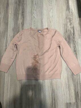 J. Crew Cashmere Blush Pink V-Neck Feather Trim Sweater Cardigan. Size Medium.